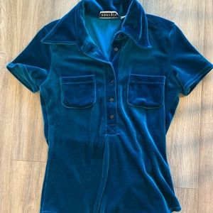 Teal Velvet Polo Shirt with Pockets